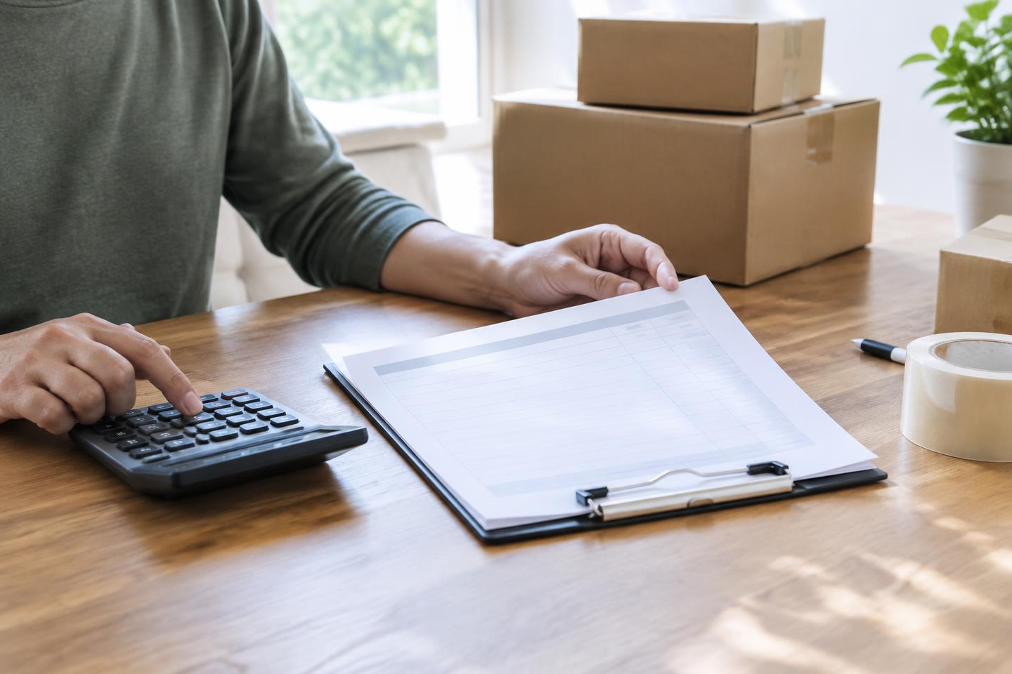 Calculatrice et documents pour préparer un budget de déménagement