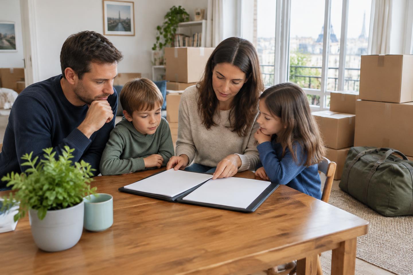 Famille préparant ses documents de mutation parmi des cartons
