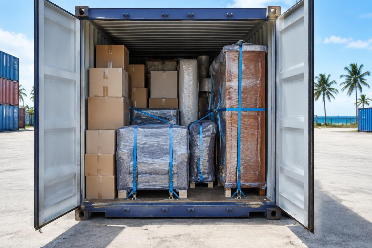 Meubles protégés et cartons arrimés à l’intérieur d’un conteneur maritime