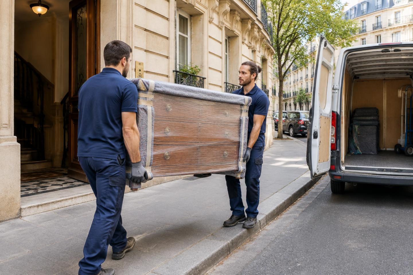 Déménageurs transportant un meuble protégé devant un immeuble parisien