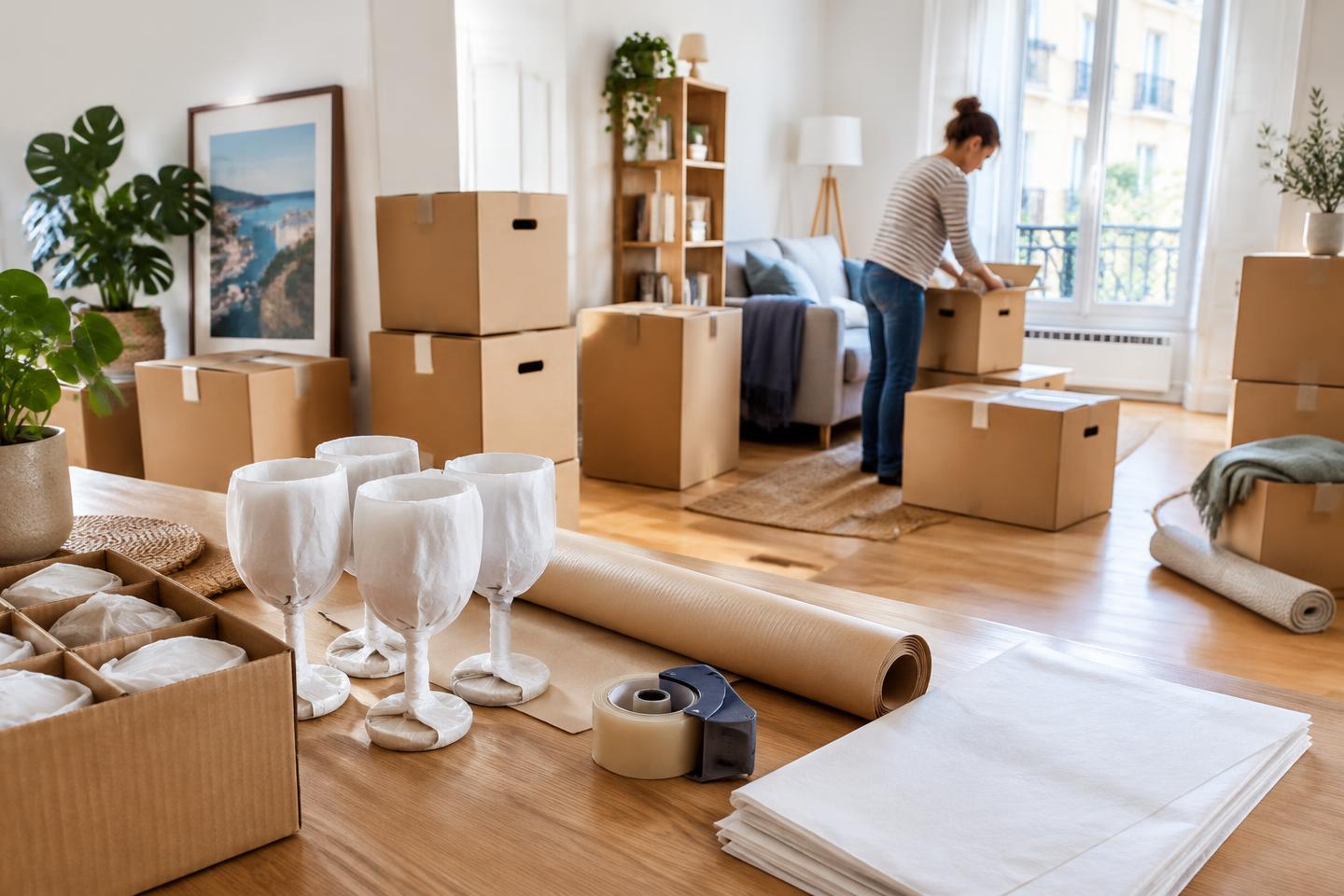 Cartons et matériel de protection dans un appartement en cours de préparation