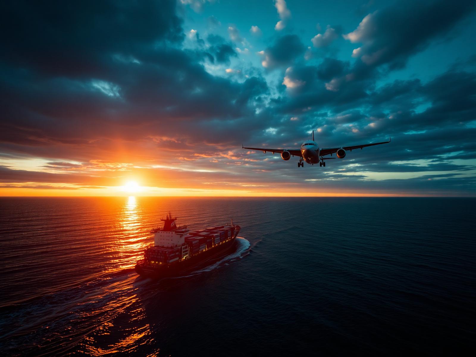 Porte-conteneurs en mer au coucher du soleil et avion cargo — déménagement international Demetro